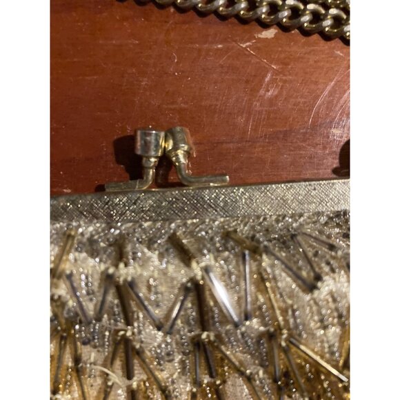 VINTAGE GOLD & BROWN LA REGALE  HAND BEADED PURSE MADE IN HONG KONG WITH FRINGE - Picture 5 of 13